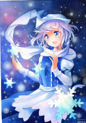 Rule 34 | 1girl, apron, arm up, artist name, blue eyes, dated, female focus, glint, gradient background, hat, highres, letty whiterock, long sleeves, looking away, mosho, open hand, open mouth, painting (medium), pastel (medium), purple hair, scarf, short hair, skirt, skirt set, sky, snowflakes, solo, star (sky), starry sky, touhou, traditional media, waist apron, watercolor (medium), white scarf