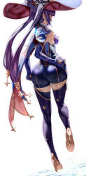 Rule 34 | 1girl, ass, back, black hair, blue cape, blue hat, breasts, cape, detached sleeves, elbow gloves, full body, fur collar, genshin impact, gloves, hat, hat ornament, high heels, highres, jewelry, long hair, medium breasts, mona (genshin impact), mona (pact of stars and moon) (genshin impact), pendant, thighhighs, twintails, uenoryoma, vision (genshin impact), water, witch hat