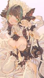 Rule 34 | 1girl, absurdres, arm support, arm up, azur lane, between legs, black hair, blush, breasts, cheshire (azur lane), cleavage, collared shirt, commentary request, fang, frills, garter straps, green eyes, hair ornament, hand between legs, highres, hxxg, large breasts, multicolored hair, open mouth, shirt, sitting, skirt, streaked hair, thighhighs, thighs, wariza, white thighhighs, wrist cuffs