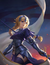 Rule 34 | 1girl, armor, black thighhighs, blonde hair, blue eyes, blue thighhighs, braid, breasts, cowboy shot, diadem, fate/grand order, fate (series), flag, gauntlets, headpiece, highres, holding, holding flag, holding sword, holding weapon, jeanne d&#039;arc (fate), jeanne d&#039;arc (ruler) (fate), large breasts, long hair, looking away, parted lips, solo, standing, sword, thighhighs, weapon