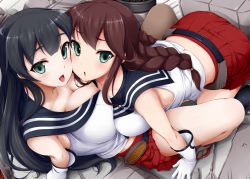 Rule 34 | 10s, 2girls, agano (kancolle), all fours, arm support, bare shoulders, black hair, blush, braid, breast press, breasts, brown hair, cheek-to-cheek, female focus, from above, gloves, green eyes, heads together, highres, kantai collection, large breasts, long hair, looking at viewer, looking up, miniskirt, multiple girls, noshiro (kancolle), open mouth, personification, pleated skirt, school uniform, serafuku, sitting, skirt, smile, twin braids, white gloves, yuri, zyaan