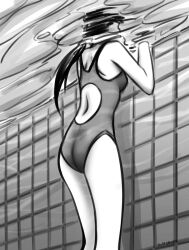 Rule 34 | 1girl, ass, competition school swimsuit, competition swimsuit, highres, long hair, monochrome, one-piece swimsuit, ponytail, pool, saver (artbysaver), saver (artist), school swimsuit, swimsuit, underwater