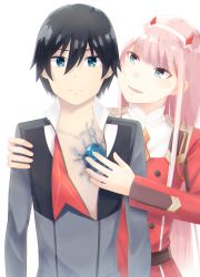 Rule 34 | 10s, 1boy, 1girl, black hair, blue eyes, couple, darling in the franxx, green eyes, hand on another&#039;s arm, hand on another&#039;s chest, hiro (darling in the franxx), horns, long hair, military, military uniform, nakodayo09, necktie, oni horns, open clothes, orange neckwear, pink hair, red neckwear, scar, short hair, uniform, zero two (darling in the franxx)