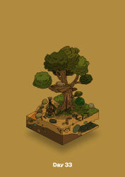 Rule 34 | absurdres, campfire, commentary request, diorama, gozz, highres, isometric, log, lying, on side, orange background, original, sleeping, stairs, stick, tree, treehouse