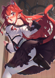 Rule 34 | 1girl, @ @, absurdres, animal ears, ass, bare shoulders, black footwear, black skirt, blurry, blurry background, blush, breasts, cat ears, cat girl, cat tail, commentary request, depth of field, eris greyrat, feet out of frame, frilled skirt, frills, goshichi shoji, highres, indoors, jacket, kemonomimi mode, long hair, long sleeves, medium breasts, mushoku tensei, nose blush, open mouth, panties, panties under pantyhose, pantyhose, red eyes, red hair, shoes, skirt, solo, standing, standing on one leg, tail, underwear, very long hair, white jacket, white pantyhose, wide sleeves
