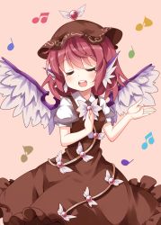 Rule 34 | 1girl, beamed eighth notes, breasts, brooch, brown dress, brown hat, closed eyes, commentary request, cowboy shot, dress, eighth note, hair between eyes, hands up, hat, head wings, highres, jewelry, medium breasts, mob cap, musical note, mystia lorelei, open mouth, pink eyes, puffy short sleeves, puffy sleeves, ruu (tksymkw), short hair, short sleeves, simple background, smile, solo, tan background, touhou, wings