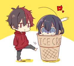 Rule 34 | 2boys, :|, ahoge, barefoot, black hair, black pants, blue eyes, chibi, closed mouth, food, gloom (expression), goma sodapop, hands in pockets, hizen tadahiro, hood, hoodie, ice cream cone, in container, in food, kicking, long sleeves, looking at another, male focus, multicolored hair, multiple boys, namazuo toushirou, pants, red hair, red hoodie, surprised, touken ranbu, two-tone hair, white background, yellow background