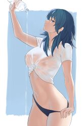 Rule 34 | 1girl, black panties, blue eyes, blue hair, bottle, breasts, byleth (female) (fire emblem), byleth (fire emblem), commentary, cowboy shot, fire emblem, fire emblem: three houses, highres, holding, holding bottle, large breasts, long hair, looking at viewer, midriff, navel, nintendo, panties, panty pull, pomelomelon, pulling own clothes, shirt, solo, standing, stomach, thighs, tied shirt, underwear, wet, wet clothes, white shirt