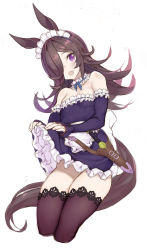 Rule 34 | 1girl, absurdres, alternate costume, animal ears, apron, black thighhighs, breasts, brown hair, clothes lift, cropped legs, dagger, detached sleeves, dress, frilled apron, frills, hair over one eye, highres, horse ears, horse girl, horse tail, knife, lifting own clothes, long hair, maid headdress, open mouth, purple dress, purple eyes, rice shower (umamusume), ryo (tg290), simple background, skirt, skirt lift, small breasts, solo, strapless, strapless dress, tail, thighhighs, umamusume, waist apron, weapon, white background