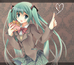 Rule 34 | 1girl, bad id, bad pixiv id, blazer, blush, bow, bowtie, gift, green eyes, green hair, hatsune miku, holding, holding gift, jacket, long hair, matching hair/eyes, open mouth, pointing, purinpurin, school uniform, skirt, solo, twintails, valentine, very long hair, vocaloid