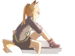Rule 34 | 1girl, animal ear fluff, animal ears, black footwear, black jacket, black shorts, blonde hair, blue eyes, breasts, closed mouth, commentary request, fox ears, fox girl, fox tail, from side, glasses, highres, jacket, kuro kosyou, leaning forward, long hair, long sleeves, original, ponytail, profile, red-framed eyewear, shoes, shorts, simple background, sitting, small breasts, solo, tail, white background, white jacket