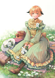 Rule 34 | 1girl, alternate costume, blonde hair, blush, blush stickers, boots, brown footwear, collared dress, dress, fate/grand order, fate (series), flower, frilled dress, frills, gareth (fate), green dress, green eyes, hair flaps, hat, holding, holding flower, long sleeves, looking at viewer, multicolored clothes, multicolored dress, open mouth, picnic, picnic basket, short hair, shuiqin, sitting, smile, solo, two-tone dress, unworn headwear, yellow dress