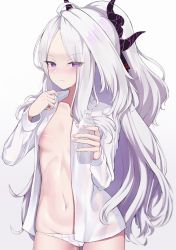 Rule 34 | 1girl, absurdres, ahoge, areola slip, blue archive, bottle, breasts, closed mouth, collarbone, collared shirt, dress shirt, eyes visible through hair, gradient background, grey background, groin, highres, hina (blue archive), holding, holding bottle, horns, long hair, long sleeves, looking at viewer, navel, no bra, no pants, open clothes, open shirt, panties, parted bangs, petite, ponytail, purple eyes, shirt, simple background, small breasts, solo, toshise., underwear, very long hair, white background, white hair, white panties, white shirt