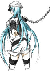 Rule 34 | 10s, 1girl, :d, akame ga kill!, aqua hair, bebebe (pepegakii), blue eyes, blue hair, boots, breasts, chain, detached sleeves, esdeath, foreshortening, from behind, hat, holding, knee boots, large breasts, long hair, looking at viewer, looking back, matching hair/eyes, military, military uniform, miniskirt, naughty face, open mouth, outstretched arms, peaked cap, simple background, sketch, skirt, smile, solo, spread arms, thigh boots, thighhighs, uniform, very long hair, white background