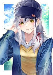 Rule 34 | 1girl, absurdres, alternate costume, alternate hairstyle, baseball cap, black hair, blue hat, blue jacket, cardigan, closed mouth, commentary request, contemporary, fate/grand order, fate (series), hair between eyes, hair ribbon, hat, highres, hood, hood down, hooded jacket, jacket, koha-ace, kugatunohito, long hair, long sleeves, looking at viewer, multicolored hair, nagao kagetora (fate), open clothes, open jacket, red ribbon, ribbon, side ponytail, smile, solo, streaked hair, two-tone hair, white hair, yellow cardigan, yellow eyes