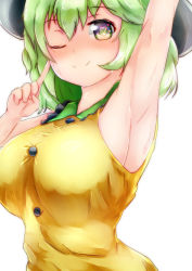 Rule 34 | 1girl, adapted costume, alternate breast size, armpits, black hat, blouse, blush, breasts, commentary request, hair between eyes, hat, heart, heart-shaped pupils, highres, komeiji koishi, large breasts, lesshat, shirt, sleeveless, sleeveless shirt, solo, symbol-shaped pupils, touhou