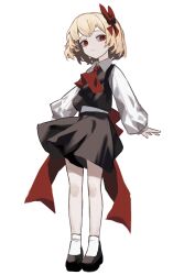 Rule 34 | 1girl, absurdres, ascot, back bow, black footwear, black skirt, black vest, blonde hair, bow, closed mouth, clynxen, collared shirt, commentary, expressionless, full body, hair ribbon, highres, long sleeves, looking at viewer, red ascot, red eyes, ribbon, rumia, shirt, shoes, simple background, skirt, skirt set, socks, solo, touhou, vest, white background, white shirt, white socks
