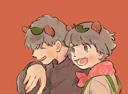 Rule 34 | 1boy, 1girl, :3, animal ears, animal nose, anipoko, bandana around neck, blue eyes, blush, brother and sister, closed eyes, commentary, extra ears, furrowed brow, grey hair, grey sweater, hand up, highres, leaf, leaf on head, long sleeves, looking ahead, mode aim, momoco (momco04), open mouth, orange background, ponpoko (vtuber), raccoon boy, raccoon ears, raccoon girl, shirt, short hair, siblings, simple background, smile, suspenders, sweater, upper body, virtual youtuber, white shirt