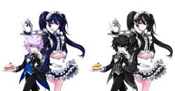 Rule 34 | 1boy, 1girl, alternate hair color, alternate hair length, alternate hairstyle, androgynous, april fools, apron, black dress, black hair, black pants, blue eyes, blue hair, butler, cake, ciel (elsword), crossdressing, cup, dress, eating, elsword, expressionless, female butler, food, fork, frilled apron, frills, gloves, highres, hwansang, jitome, long hair, looking at viewer, looking to the side, luciela r. sourcream, maid, multicolored hair, official art, pants, plate, pointy ears, reverse trap, shaded face, short hair, strawberry shortcake, streaked hair, symbol-shaped pupils, teacup, teapot, transparent background, tray, two-tone hair, white apron, white gloves, white hair