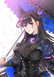 Rule 34 | 1girl, black dress, black hair, breasts, double bun, dress, fate/grand order, fate (series), frilled umbrella, frills, gem, hair bun, highres, holding, holding umbrella, juliet sleeves, large breasts, long hair, long sleeves, looking at viewer, murasaki shikibu (fate), parted lips, puff and slash sleeves, puffy sleeves, purple eyes, purple gemstone, sleeves past wrists, solo, two side up, umbrella, upper body, very long hair, youshuu