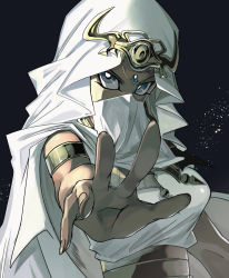Rule 34 | 1girl, black background, blue gemstone, bracelet, breasts, bright pupils, commentary request, dark-skinned female, dark skin, egyptian, female focus, fingernails, gem, grey eyes, highres, hood, hood up, ishizu ishtar, jewelry, looking at viewer, mouth veil, outstretched hand, shi (shooo ttt), solo, spread fingers, upper body, veil, white pupils, yu-gi-oh!