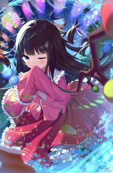 Rule 34 | 1girl, ;), bamboo print, black eyes, black hair, blush, bow, bowl, branch, commentary request, covering own mouth, danmaku, egasumi, floating, floating hair, floral print, frilled shirt collar, frilled skirt, frilled sleeves, frills, highres, hime cut, houraisan kaguya, japanese clothes, jeweled branch of hourai, kiramarukou, long hair, long skirt, long sleeves, looking at viewer, night, one eye closed, pink shirt, red skirt, shawl, shell, shirt, signature, skirt, sky, sleeves past wrists, smile, solo, star (sky), starry sky, touhou, twitter username, very long hair, white bow, white neckwear, wide sleeves