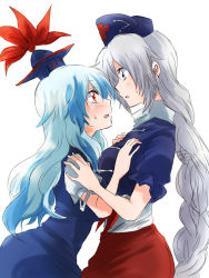 Rule 34 | 2girls, blue eyes, blue hair, braid, eye contact, female focus, hands on another&#039;s shoulders, hands on shoulders, hat, kamishirasawa keine, long hair, looking at another, multicolored hair, multiple girls, open mouth, red eyes, short sleeves, silver hair, simple background, touhou, two-tone hair, unya, very long hair, white background, yagokoro eirin, yuri