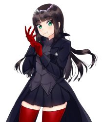 Rule 34 | 1girl, adapted costume, amamiya ren, amamiya ren (cosplay), black hair, black jacket, black skirt, blunt bangs, blush, cosplay, cowboy shot, gloves, green eyes, highres, jacket, kurosawa dia, long hair, long sleeves, looking at viewer, love live!, love live! sunshine!!, mole, mole under mouth, red gloves, red thighhighs, sidelocks, simple background, skirt, smile, solo, standing, sweetie cyanide, thighhighs, thighs, very long hair, white background