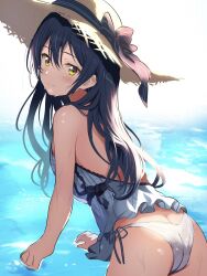 Rule 34 | 1girl, ass, bikini, blue hair, blush, borgbutler, butt crack, commentary, day, frilled bikini, frills, hat, highres, long hair, looking at viewer, looking back, love live!, love live! school idol project, ocean, outdoors, partially submerged, smile, solo, sonoda umi, sun hat, swimsuit, white bikini, yellow eyes