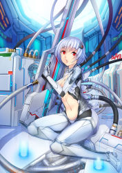 Rule 34 | 1girl, absurdres, blue hair, blurry, bodysuit, breasts, center opening, cleavage, dated, def (chronowarld), depth of field, eyebrows, gloves, glowing, gun, highres, holding, looking at viewer, looking up, machinery, mecha musume, open mouth, original, red eyes, silver hair, sitting, solo, stomach, tube, weapon, yokozuwari