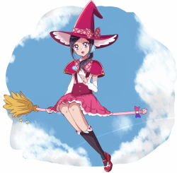 Rule 34 | 1girl, :d, black eyes, black hair, black socks, blue scrunchie, broom, broom riding, capelet, hair ornament, hair over shoulder, hair scrunchie, haru (nature life), hat, healin&#039; good precure, kneehighs, layered skirt, long hair, long sleeves, looking at viewer, magic school uniform, mahou girls precure!, mary janes, miniskirt, open mouth, parted bangs, pink skirt, ponytail, precure, red capelet, red footwear, red hat, sawaizumi chiyu, school uniform, scrunchie, shirt, shoes, sitting, skirt, smile, socks, solo, underbust, white shirt, witch hat