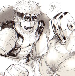 Rule 34 | 2boys, abs, alcohol, ame ekai, bara, beer, eustass kid, facial hair, facial hair through mask, feet out of frame, goatee, goggles, goggles on head, greyscale, head tilt, highres, hockey mask, jacket, killer (one piece), large pectorals, long hair, looking at viewer, male focus, mask, monochrome, multiple boys, muscular, muscular male, one piece, open clothes, open jacket, pectoral cleavage, pectorals, shirt, sitting, smug, t-shirt, tongue, tongue out, translation request, wavy hair, yaoi