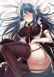 Rule 34 | 1girl, ass, bed, blue hair, blush, breasts, collar, covered erect nipples, embarrassed, female focus, garter straps, gloves, gradient background, hattori masaki, highres, large breasts, legs, long hair, looking at viewer, lying, maid, maid headdress, on side, panties, piercing, purple eyes, solo, thighhighs, thighs, underwear, white panties