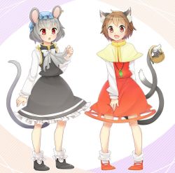 Rule 34 | 2girls, accessories switch, animal ears, basket, bow, brown eyes, brown hair, capelet, cat, cat ears, cat tail, chen, chen (cosplay), chestnut mouth, cosplay, costume switch, dress, ear piercing, earrings, fang, gem, grey dress, grey hair, hat, ibaraki natou, jewelry, kitten, long sleeves, mob cap, mouse ears, mouse tail, multiple girls, multiple tails, nazrin, nazrin (cosplay), necklace, nekomata, open mouth, pendant, piercing, red dress, red eyes, shirt, single earring, smile, tail, touhou