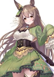 Rule 34 | 1girl, animal ears, braid, brown hair, closed mouth, commentary request, cowboy shot, dress, ear ornament, french braid, frilled dress, frills, gem, green dress, hair between eyes, herohero (higashi no dou), highres, horse ears, horse girl, looking at viewer, satono diamond (umamusume), simple background, single thighhigh, sleeves past fingers, sleeves past wrists, smile, solo, thighhighs, umamusume, very long sleeves, white background, yellow eyes