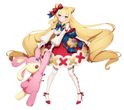 Rule 34 | 1girl, absurdres, blonde hair, blue bow, blush, bow, bowtie, button eyes, buttons, clothing cutout, cross-laced clothes, eversoul, game cg, garnet (eversoul), grin, hair between eyes, hair bow, high heels, highres, holding, holding stuffed toy, long hair, looking at viewer, official art, red bow, red eyes, red footwear, red skirt, shirt, shoulder cutout, skirt, smile, socks, solo, standing, stiletto heels, stitches, stuffed animal, stuffed rabbit, stuffed toy, tachi-e, thighhighs, third-party source, transparent background, twintails, very long hair, white shirt, white socks