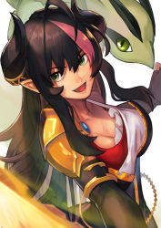 Rule 34 | 1girl, armor, black hair, breasts, cleavage, detached sleeves, dnf duel, dragon, dragon horns, dragon knight (dungeon and fighter), dungeon and fighter, fingerless gloves, gloves, green eyes, holding, holding sword, holding weapon, horns, knight (dungeon and fighter), large breasts, long hair, multicolored hair, open mouth, pink hair, shoulder armor, solo, sword, two-tone hair, weapon