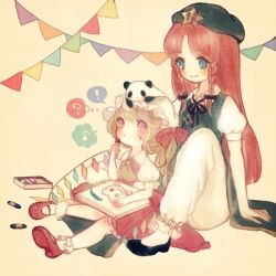 Rule 34 | !, 2girls, ?, bad id, bad pixiv id, blonde hair, blouse, blue eyes, blush, braid, child, collared shirt, crayon, crystal, drawing, dress, flandre scarlet, full body, green dress, hat, hong meiling, hong meiling (panda), long hair, mary janes, mob cap, multiple braids, multiple girls, musical note, notebook, panda, pants, ponytail, puffy short sleeves, puffy sleeves, quaver, red eyes, red hair, red skirt, ribbon, shirt, shoes, short hair, short sleeves, side ponytail, simple background, sitting, skirt, smile, socks, speech bubble, spoken exclamation mark, spoken musical note, star (symbol), thought bubble, touhou, underwear, vest, wings, yellow background, yujup
