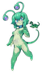 Rule 34 | 1girl, :&gt;, alien, aqua eyes, breasts, closed mouth, collar, colored skin, extra eyes, fewer digits, full body, green hair, green skin, green tail, hair between eyes, highres, leg up, looking at viewer, medium breasts, monster girl, navel, no feet, no nipples, no pussy, nude, nyong nyong, personification, pink pupils, reference inset, scutlix, shiny skin, short hair, simple background, smile, solo, tail, terraria, white background