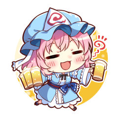 Rule 34 | 1girl, alcohol, arms up, beer, belt, blue belt, blue bow, blue dress, blue hat, blue kimono, blush, bow, bowtie, chibi, closed eyes, collared dress, commentary request, dress, footwear bow, frilled kimono, frills, glass, grey bow, grey bowtie, grey footwear, hair between eyes, hands up, hat, japanese clothes, juliet sleeves, kapuchii, kimono, long sleeves, mob cap, open mouth, orange background, outside border, pink hair, puffy sleeves, round image, running, saigyouji yuyuko, shoes, short hair, smile, socks, solo, touhou, triangular headpiece, white background, white socks, wide sleeves, yellow background