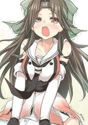 Rule 34 | 10s, 1girl, absurdres, admiral (kancolle), bare shoulders, blush, brown eyes, brown hair, clothes lift, detached sleeves, hair intakes, hair ribbon, headband, highres, jintsuu (kancolle), kantai collection, long hair, open mouth, ribbon, ryuki (ryukisukune), sexually suggestive, sitting, sitting on person, skirt, skirt lift, solo focus, trembling