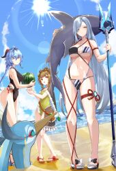 Rule 34 | 3girls, absurdres, ahoge, alternate costume, alternate hairstyle, beach, bikini, bird, black one-piece swimsuit, blue hair, blue nails, blue sky, braided hair rings, breasts, brown eyes, carrying over shoulder, cloud retainer (genshin impact), commentary request, crane (animal), criss-cross halter, day, double bun, ekusera, eyepatch bikini, food, fruit, ganyu (genshin impact), genshin impact, goat horns, green one-piece swimsuit, grey hair, hair bun, halterneck, highres, holding, holding food, holding fruit, holding polearm, holding weapon, horns, large breasts, long hair, looking at another, multiple girls, nail polish, ocean, one-piece swimsuit, outdoors, polearm, sandals, shark, shenhe (genshin impact), sky, small breasts, sun, swimsuit, the catch (genshin impact), toenail polish, toenails, toes, very long hair, vision (genshin impact), watermelon, weapon, xianyun (genshin impact), yaoyao (genshin impact)