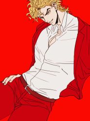 Rule 34 | 1boy, belt, blonde hair, dio brando, head tilt, highres, jacket, jojo no kimyou na bouken, long sleeves, looking at viewer, male focus, muscular, muscular male, pants, parted lips, red background, red jacket, red pants, red theme, shenshan laolin, shirt, simple background, sitting, smile, solo, white shirt, yellow eyes