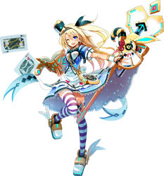 Rule 34 | 1girl, alice (alice in wonderland), alice (alice in wonderland) (cosplay), alice in wonderland, blonde hair, blue eyes, book, card, clock, cosmic break, cosplay, hair ribbon, highres, key, official art, pocket watch, ribbon, solo, striped clothes, striped thighhighs, thighhighs, watch