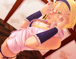 Rule 34 | 1girl, alice margatroid, alternate color, alternate costume, arm warmers, bespectacled, blonde hair, blue eyes, bra, breasts, colored eyelashes, dress shirt, freckles, frills, glasses, hairband, lips, looking at viewer, medium breasts, nail polish, nipples, panties, parted lips, red-framed eyewear, ribbon, shirt, short hair, sleeveless, solo, soumakyo, striped clothes, striped shirt, touhou, underwear