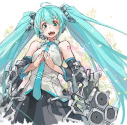 Rule 34 | 1girl, :d, aqua eyes, aqua hair, collared shirt, cowboy shot, detached sleeves, hatsune miku, headset, long hair, necktie, open mouth, own hands together, pleated skirt, sachito, shirt, skirt, sleeveless, sleeveless shirt, smile, solo, twintails, vocaloid
