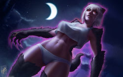 Rule 34 | 10s, animal ears, dated, from below, glowing, killing bites, outdoors, panties, red eyes, shirt, smile, solo, stomach, tail, themaestronoob, underwear, uzaki hitomi, white hair, white shirt