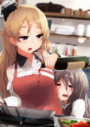 Rule 34 | 10s, 2girls, alcohol, apron, bare shoulders, blonde hair, bottle, braid, brown eyes, cooking, drunk, food, frying pan, grey hair, hat, highres, indoors, kantai collection, long hair, mini hat, multiple girls, open mouth, pola (kancolle), pouring, square mouth, suginoji, tears, thick eyebrows, tomato, vegetable, wavy hair, wine, wine bottle, zara (kancolle)