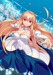 Rule 34 | 1girl, absurdres, antenna hair, archetype earth, arcueid brunestud, blonde hair, blue skirt, breasts, closed mouth, collarbone, commentary, cqqz0707, detached collar, detached sleeves, dress, fingernails, floating hair, flower, garden, gold trim, hair between eyes, highres, large breasts, long hair, long skirt, looking at viewer, melty blood, outdoors, outstretched arms, red eyes, single hair intake, skirt, sky, smile, solo, spread arms, strapless, strapless dress, tsukihime, very long hair, white dress, white flower, white sleeves