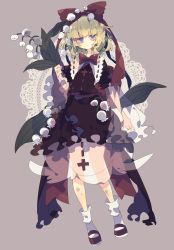 Rule 34 | 1girl, blonde hair, blue eyes, bow, closed mouth, dress, flower, frilled dress, frilled sleeves, frills, full body, grey background, hair bow, half-closed eyes, highres, holding, holding flower, lily of the valley, long sleeves, medicine melancholy, messy hair, nikorashi-ka, red bow, red ribbon, ribbon, scratches, see-through, see-through silhouette, shoes, short hair, simple background, socks, solo, touhou, wavy hair, white socks